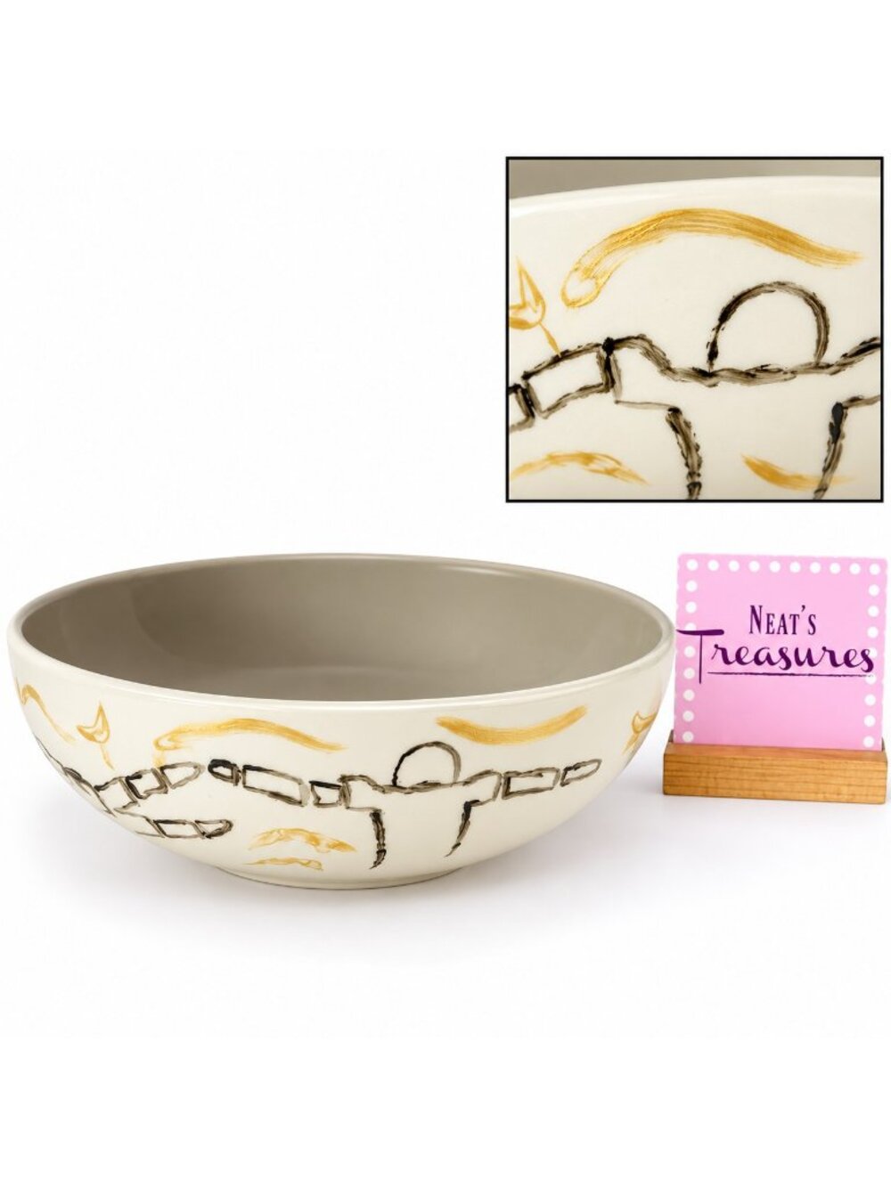 Homer Laughlin China Lead Free USA  Abstract Chain Person Gray Gold Serving Bowl